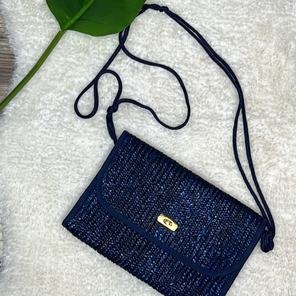Vintage Blue Straw Woven Crossbody Handbag - Picture 8 of 12